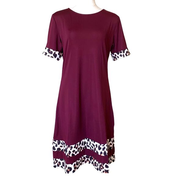 Unbranded Dresses & Skirts - Women’s Burgundy Leopard Trim A-line Midi Dress Size M